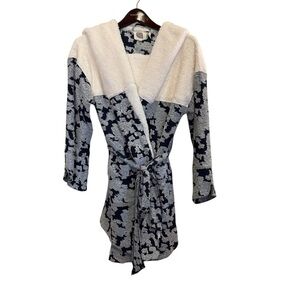 Lilka for Anthropologie Navy and Cream Hooded Floral Teddy Short Robe Sz S/XS